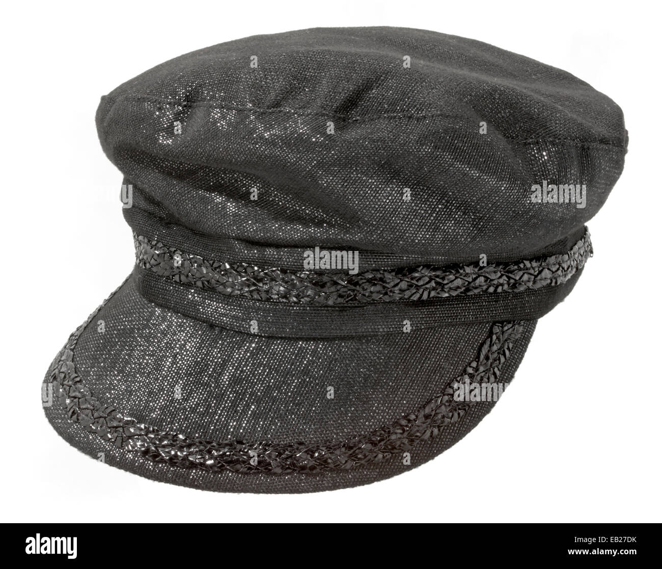 In stile vintage lola hat in nero lucido fotografato su sfondo bianco Foto Stock