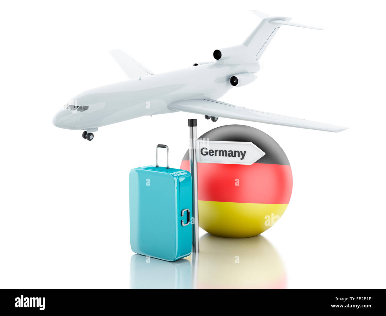 Immagine del concetto di viaggio. Valigia, piano e Germania icona bandiera. 3d'illustrazione su sfondo bianco Foto Stock