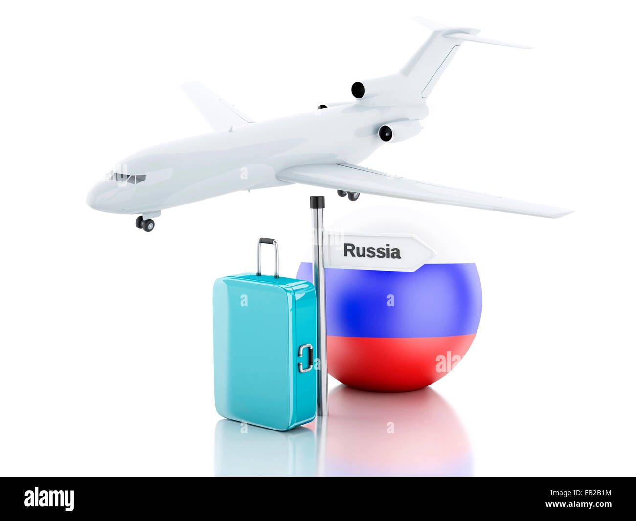 Immagine del concetto di viaggio. Valigia, piano e la Russia icona bandiera. 3d'illustrazione su sfondo bianco Foto Stock