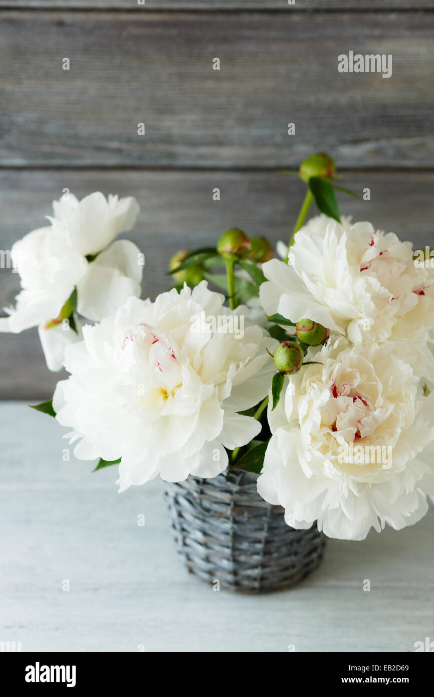 Peonie bianco in un vaso in vimini, bouquet Foto Stock