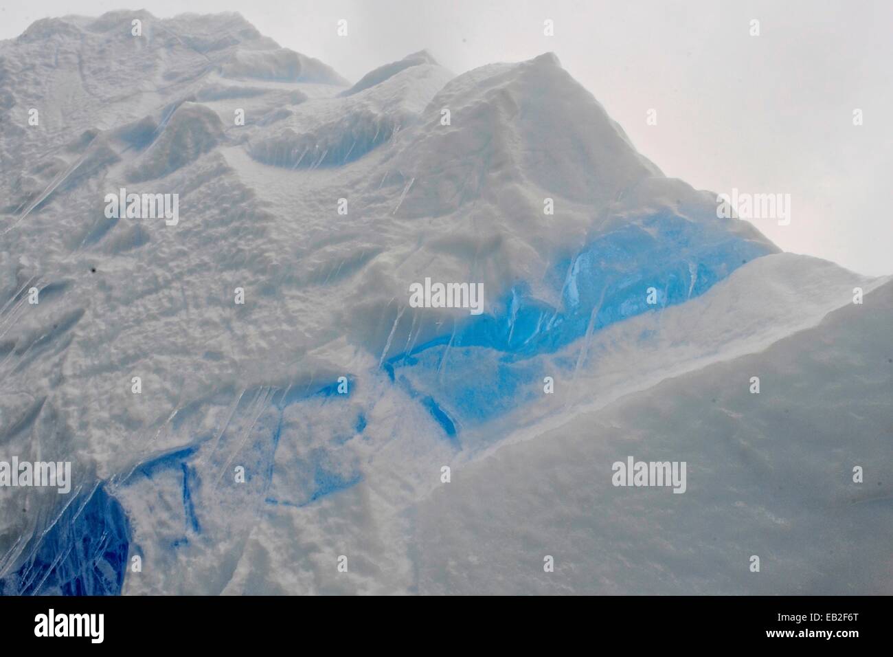 Vecchio puro ghiaccio che manca di bolle di ossigeno dando il ghiaccio il bel colore azzurro. Noto anche come "Iceberg cimitero,' Pleneau è un labirinto di iceberg tra le altissime montagne di Booth isola. Foto Stock
