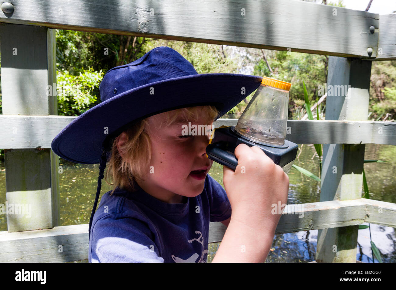 Un ragazzo utilizza una speciale lente di ingrandimento per osservare il laghetto acquatico vita su una gita scolastica. Foto Stock