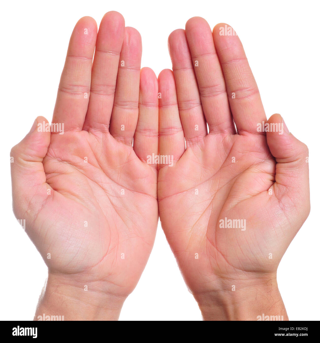 Le mani aperte di un uomo come mostra o trattenere qualcosa o di accattonaggio Foto Stock