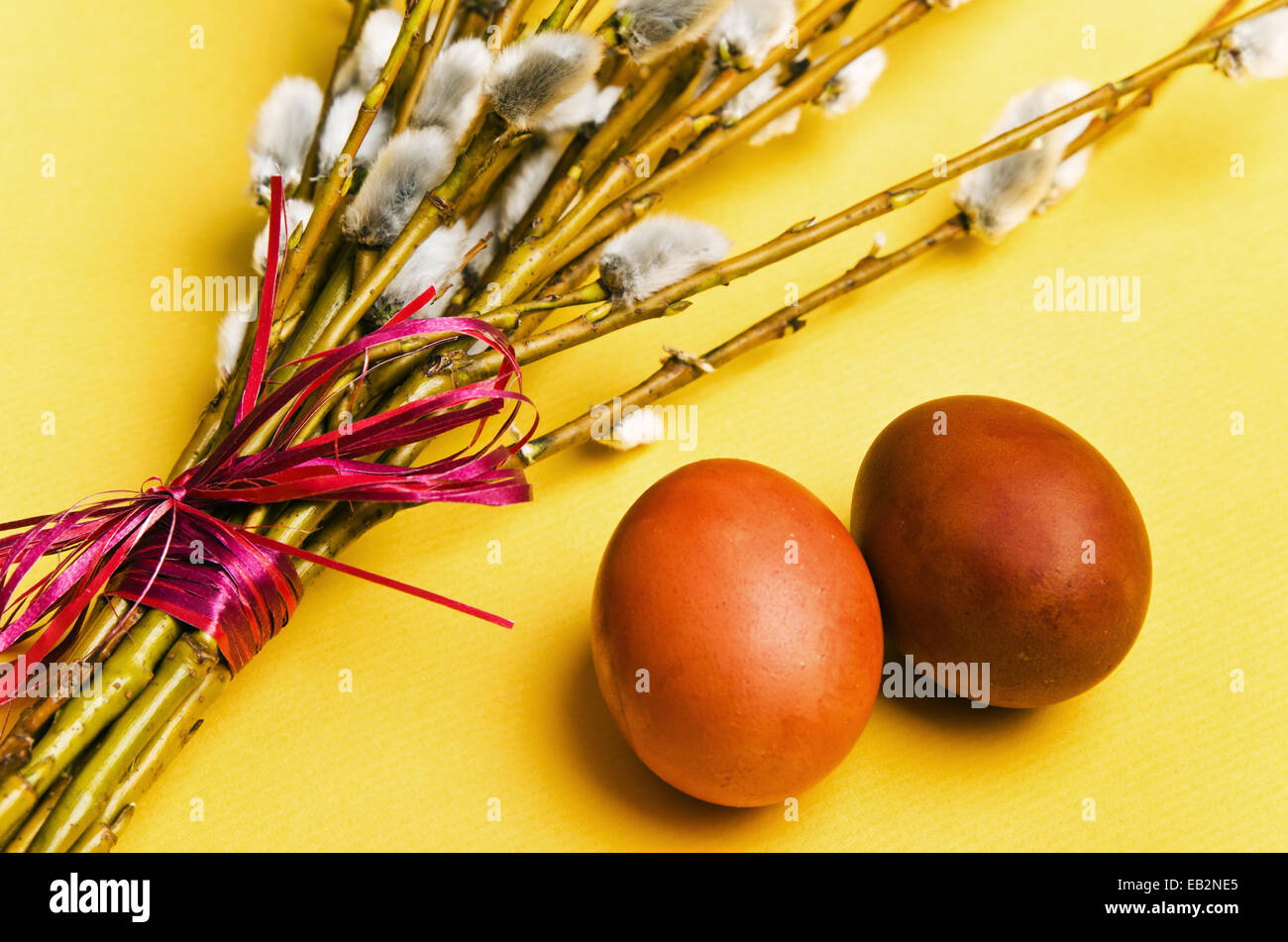 Mazzetto di rami di salice e due uova di Pasqua Foto Stock