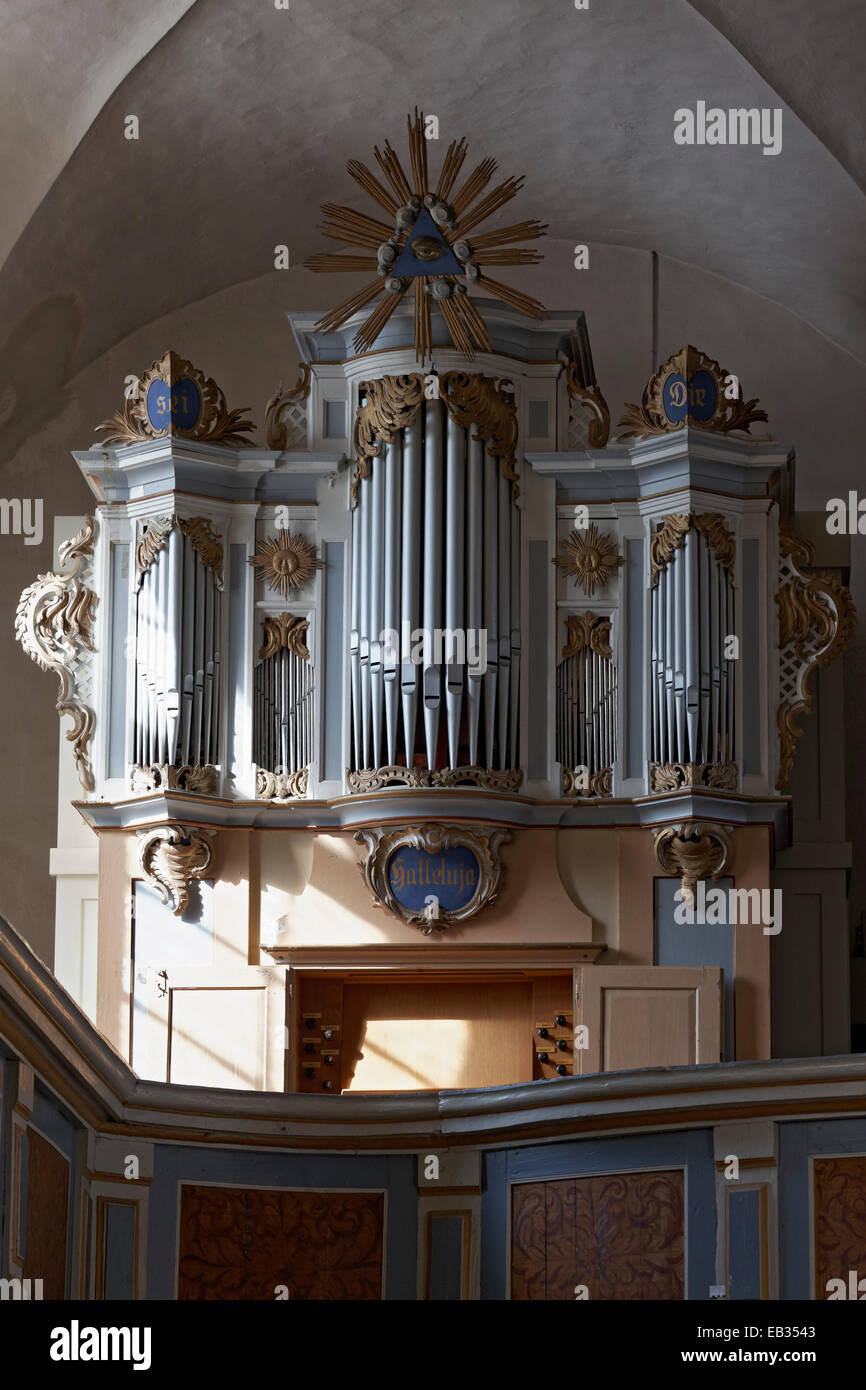 Scholtze organo dal 1767, la chiesa di San Lorenzo, Rheinsberg, Ostprignitz-Ruppin, Brandeburgo, Germania Foto Stock