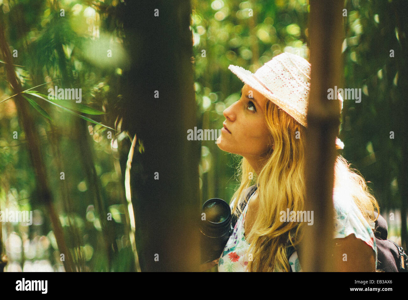 Donna in piedi nella foresta con una macchina fotografica, Fuengirola, Malaga, Spagna Foto Stock