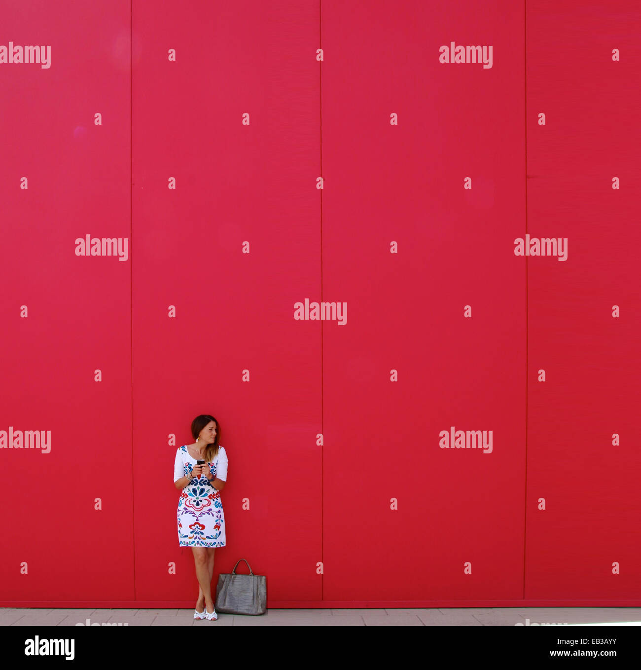 Donna in piedi accanto alla sua borsa di fronte a un messaggio di testo parete rossa Foto Stock