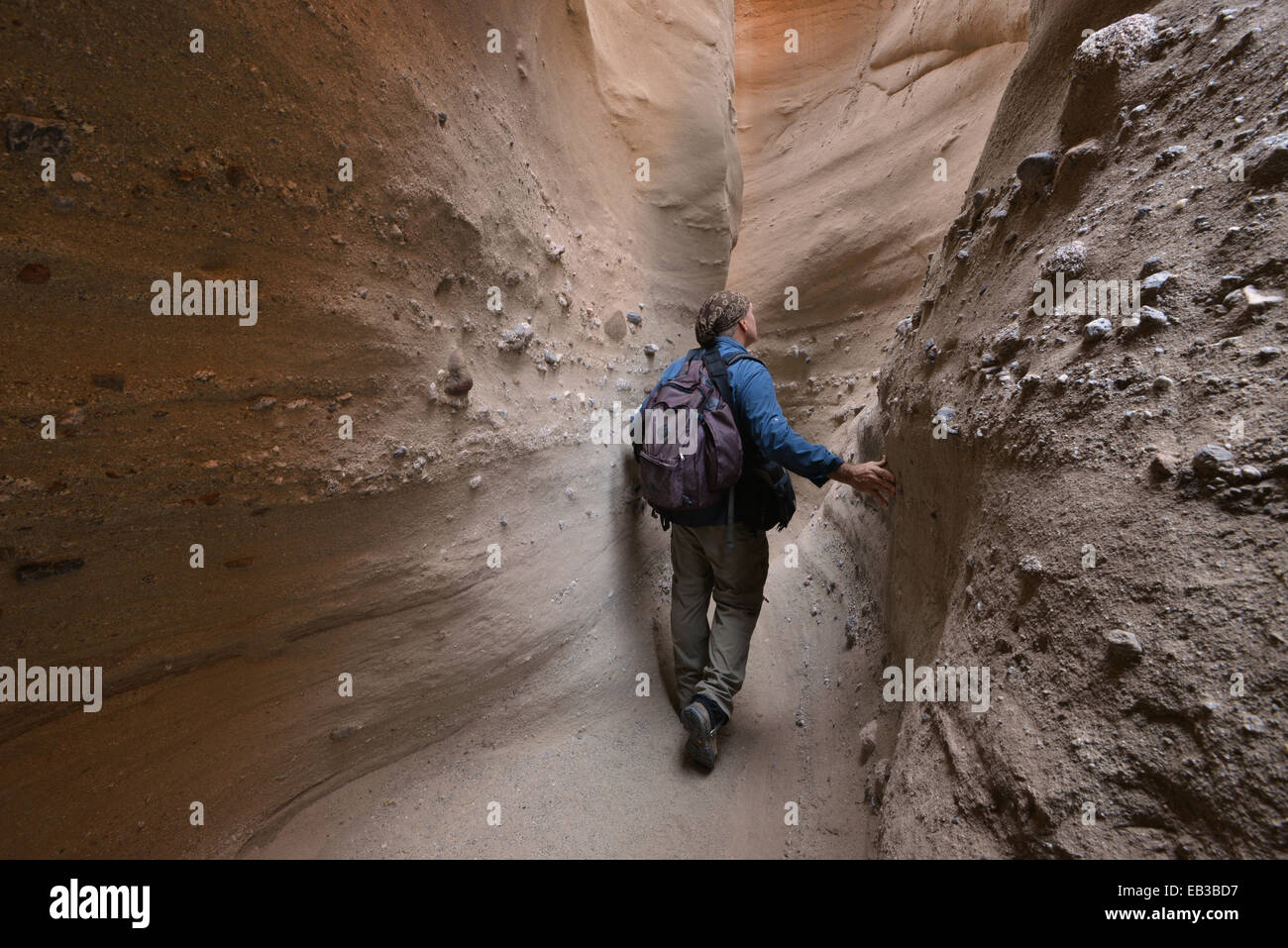 Stati Uniti, California, Anza-Borrego Desert State Park, gli escursionisti a piedi attraverso Palm Canyon Canyon Slot Foto Stock