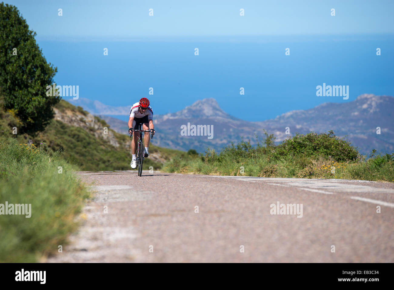 Uomo in bicicletta lungo una strada costiera, Corsica, Francia Foto Stock