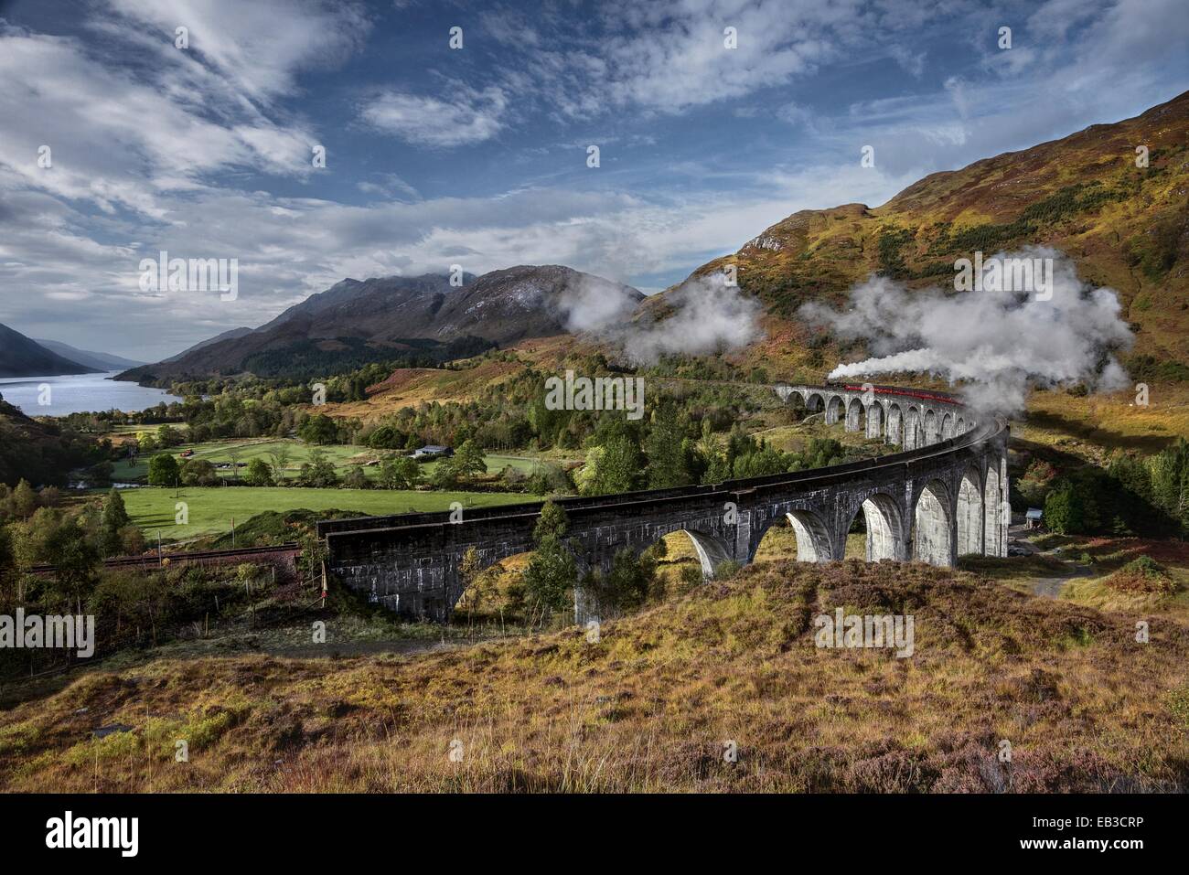 Regno Unito, Scozia, vista in elevazione del Giacobita Express incrocio viadotto Glenfinnan Foto Stock