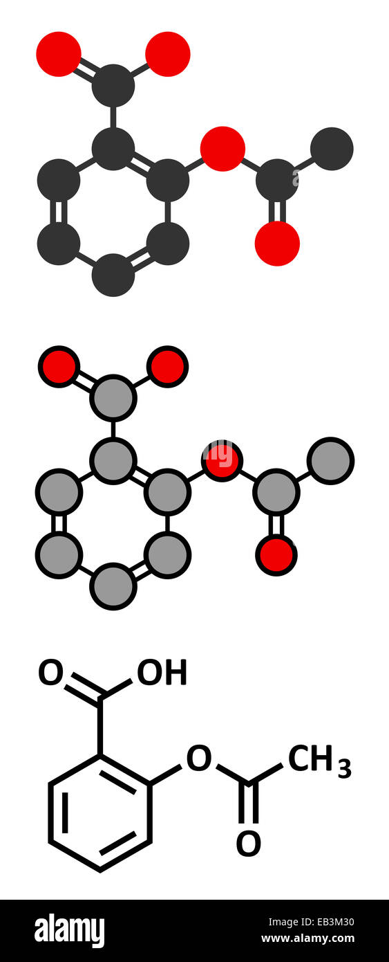 Acido acetilsalicilico (aspirina) dolore molecola di farmaco. Tradizionale formula scheletrico e stilizzate rappresentazioni. Foto Stock