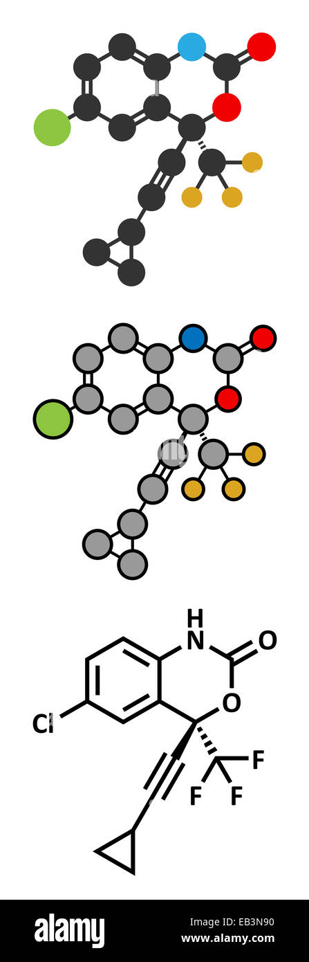 Efavirenz HIV molecola di farmaco. Tradizionale formula scheletrico e stilizzate rappresentazioni. Foto Stock
