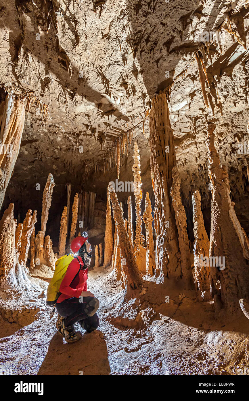 Drunken Forest grotta con stalagmiti e speleologo, Parco Nazionale di Gunung Mulu, Malaysia Foto Stock