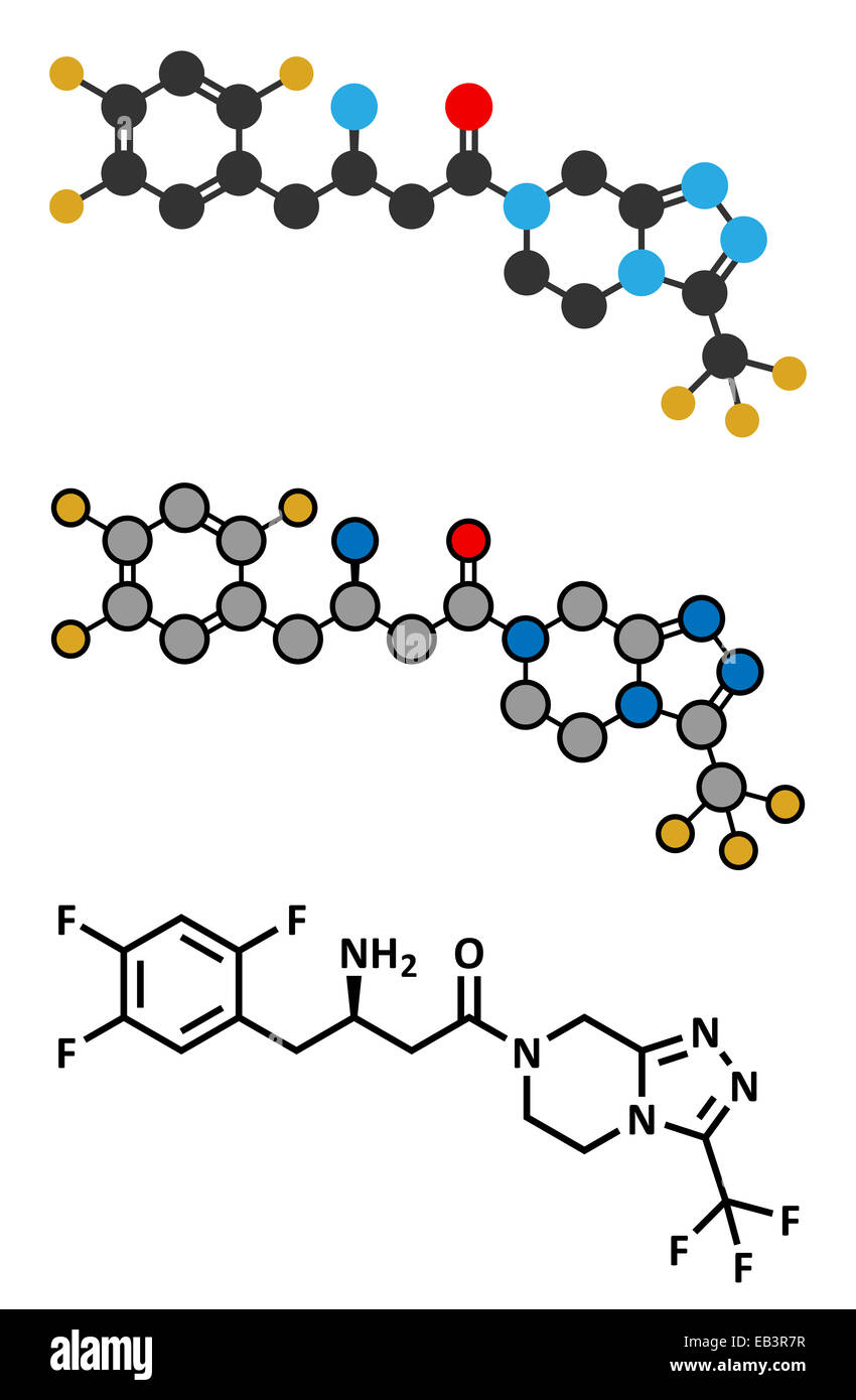 Sitagliptin diabete molecola di farmaco. Tradizionale formula scheletrico e stilizzate rappresentazioni. Foto Stock