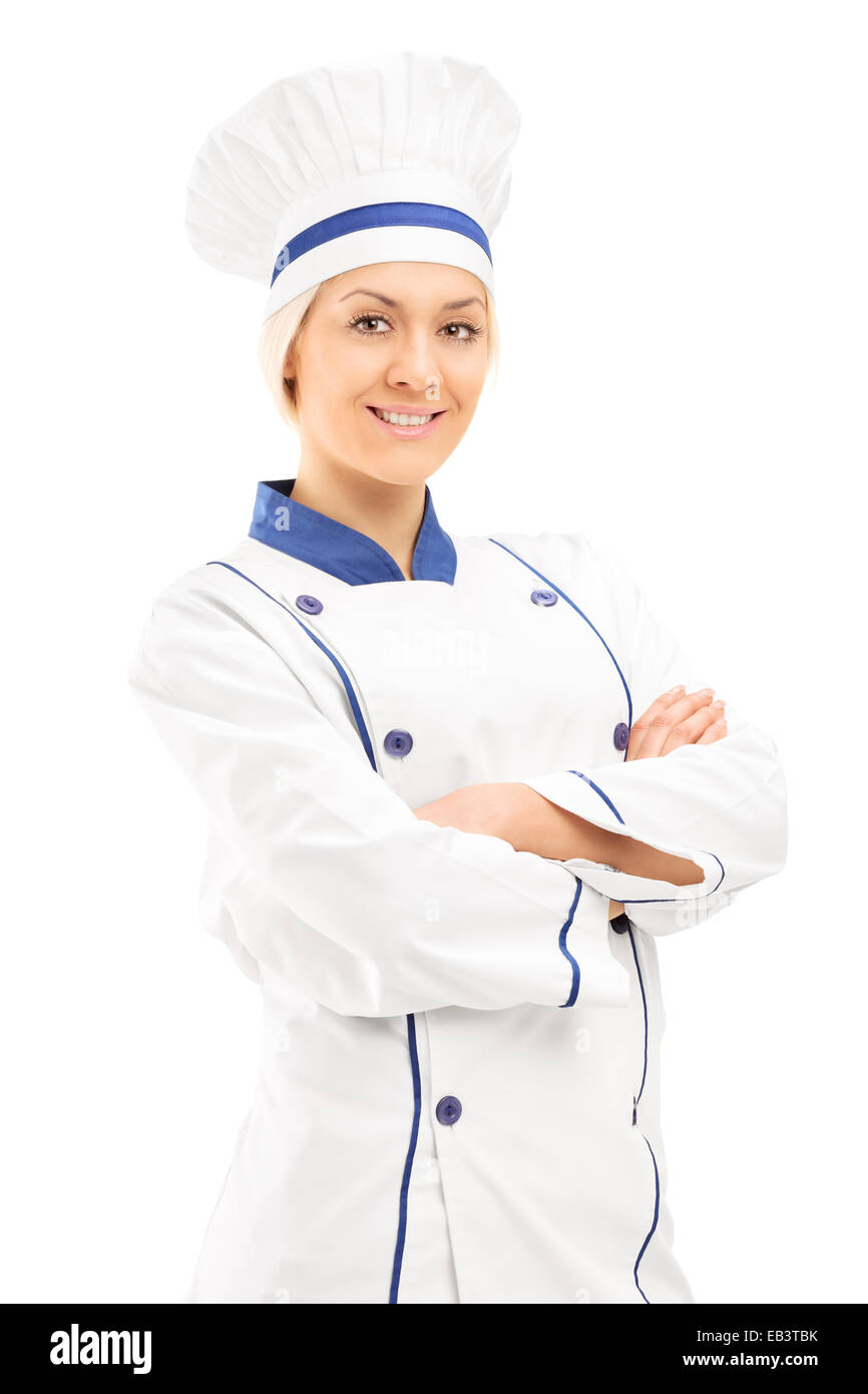 Colpo verticale di una femmina di chef in uniforme isolati su sfondo bianco Foto Stock