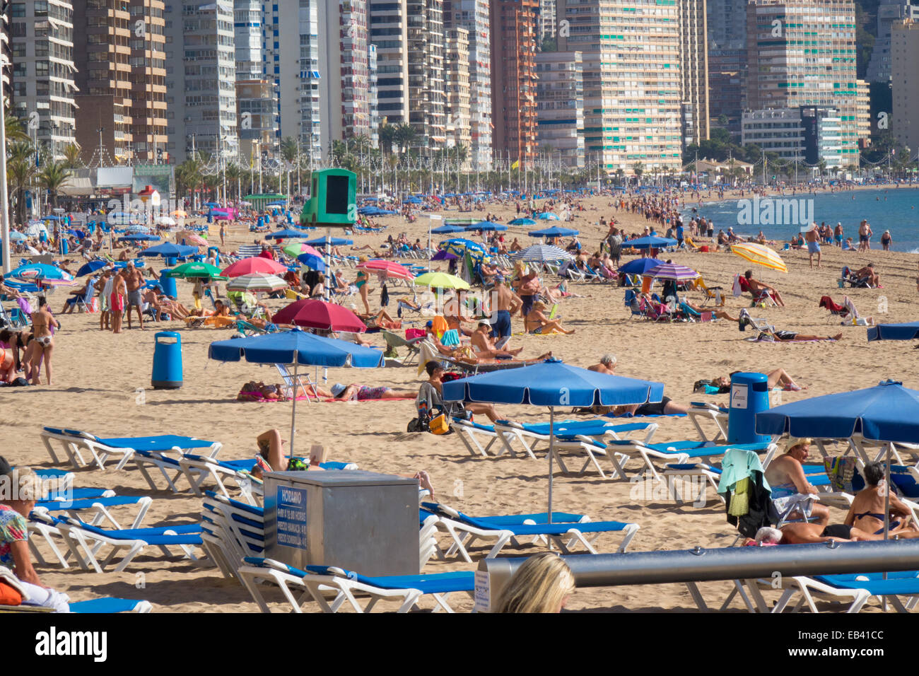 Spiaggia di Benidorm, provincia di Alicante, Costa Blanca, Spagna. tutti i gruppi di età anziani pensionati seniores a prendere il sole passeggiando a piedi rilassante vicino al mare Foto Stock