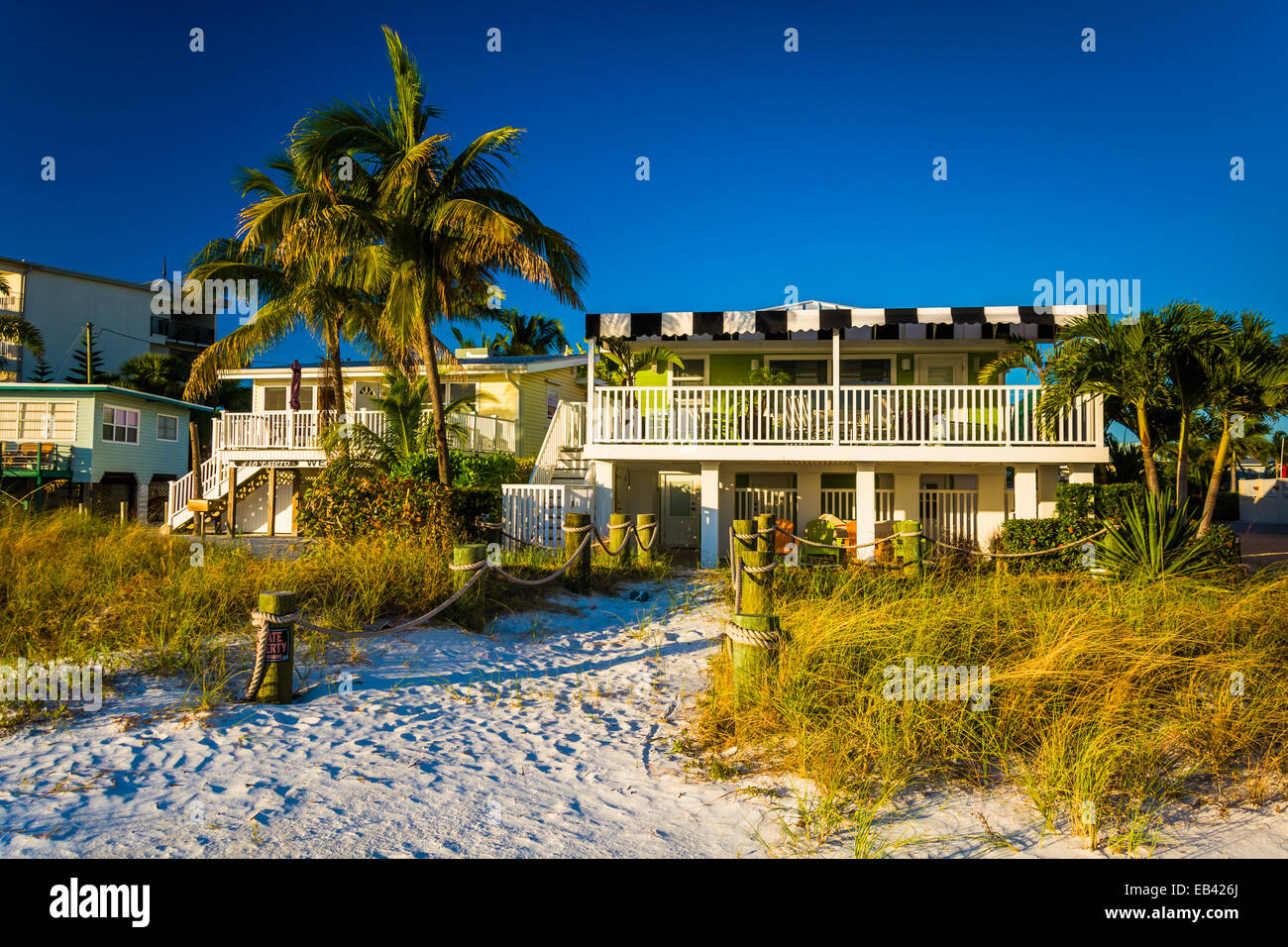 Palme e case sulla spiaggia di Fort Myers Beach, Florida. Foto Stock
