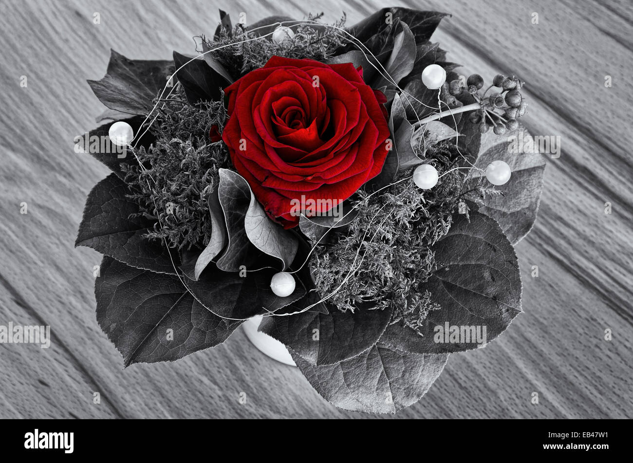 Single rose con verdi e perle di deco in un bouquet, colorkey. Foto Stock