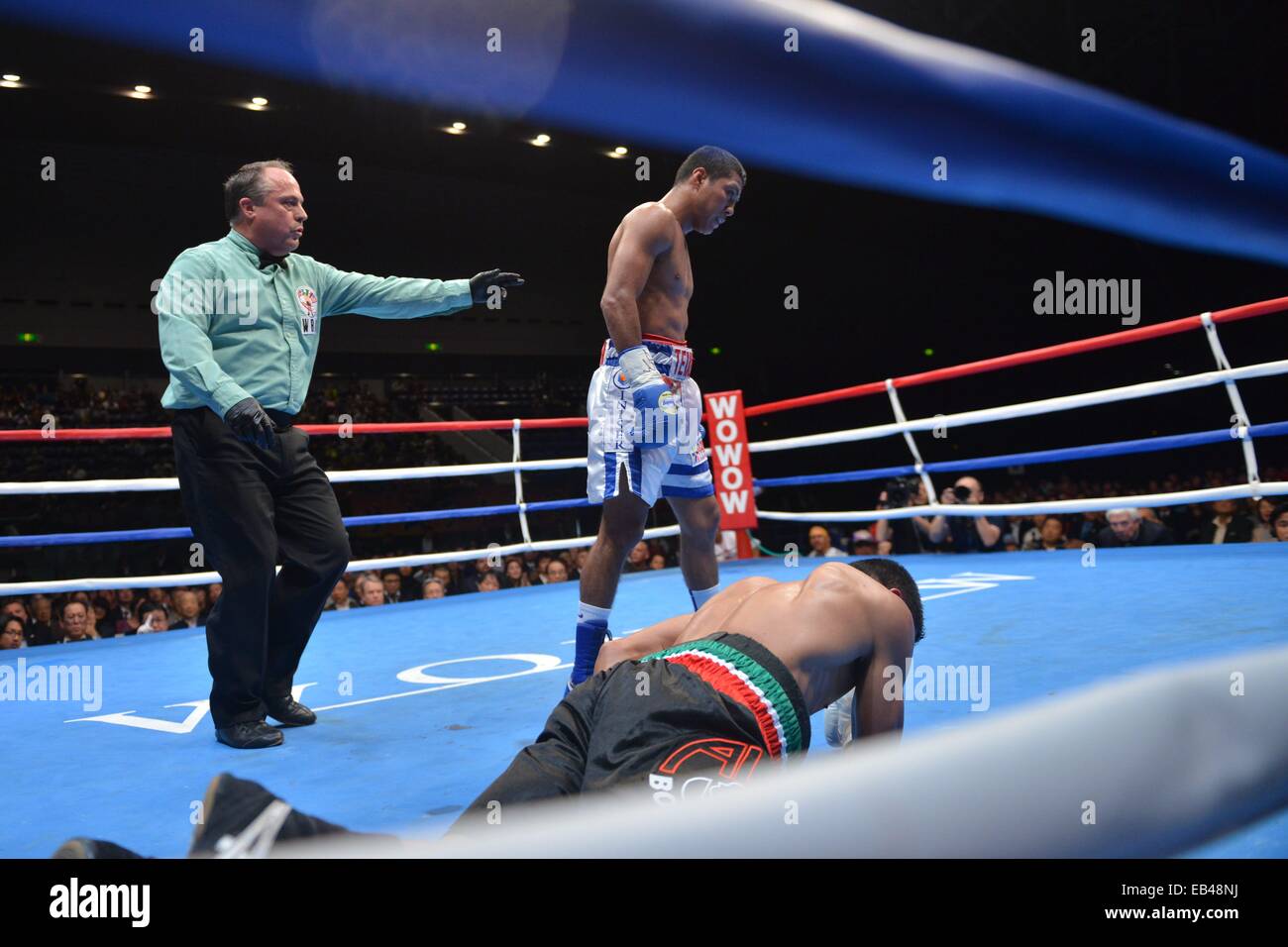 Kanagawa, Giappone. 22 Novembre, 2014. (T-B) Romana Gonzalez (NCA), Rocky Fuentes (PHI) Boxe : Roman Gonzalez del Nicaragua bussa giù Rocky Fuentes delle Filippine nel sesto round durante il WBC pesi mosca titolo bout a Yokohama International Piscina di Kanagawa, Giappone . © Hiroaki Yamaguchi/AFLO/Alamy Live News Foto Stock