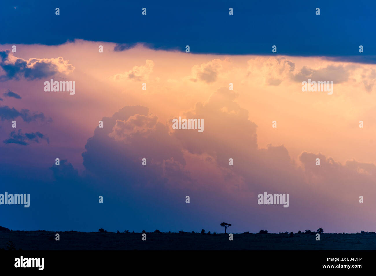 Raggi solari del pastello accarezzare nuvole temporalesche scendendo nell'orizzonte al tramonto. Foto Stock
