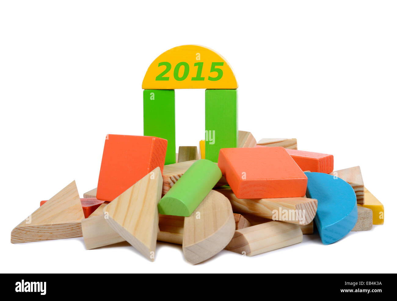 Costruzione in legno toy 2015 su sfondo bianco Foto Stock