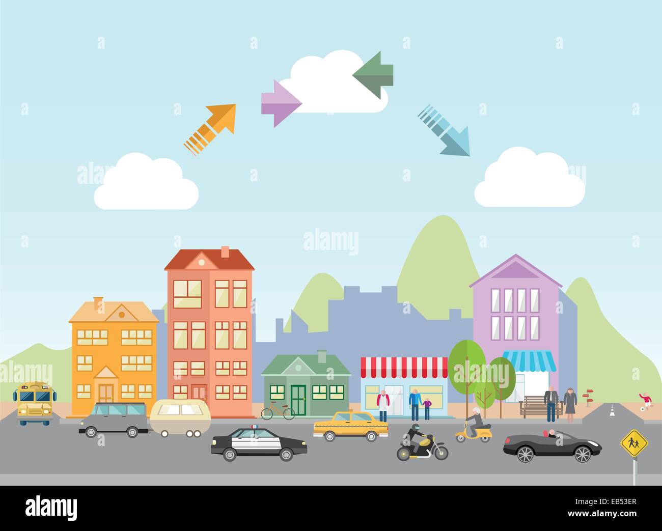 Generati digitalmente città con il trasporto su strada e le frecce in cielo Illustrazione Vettoriale