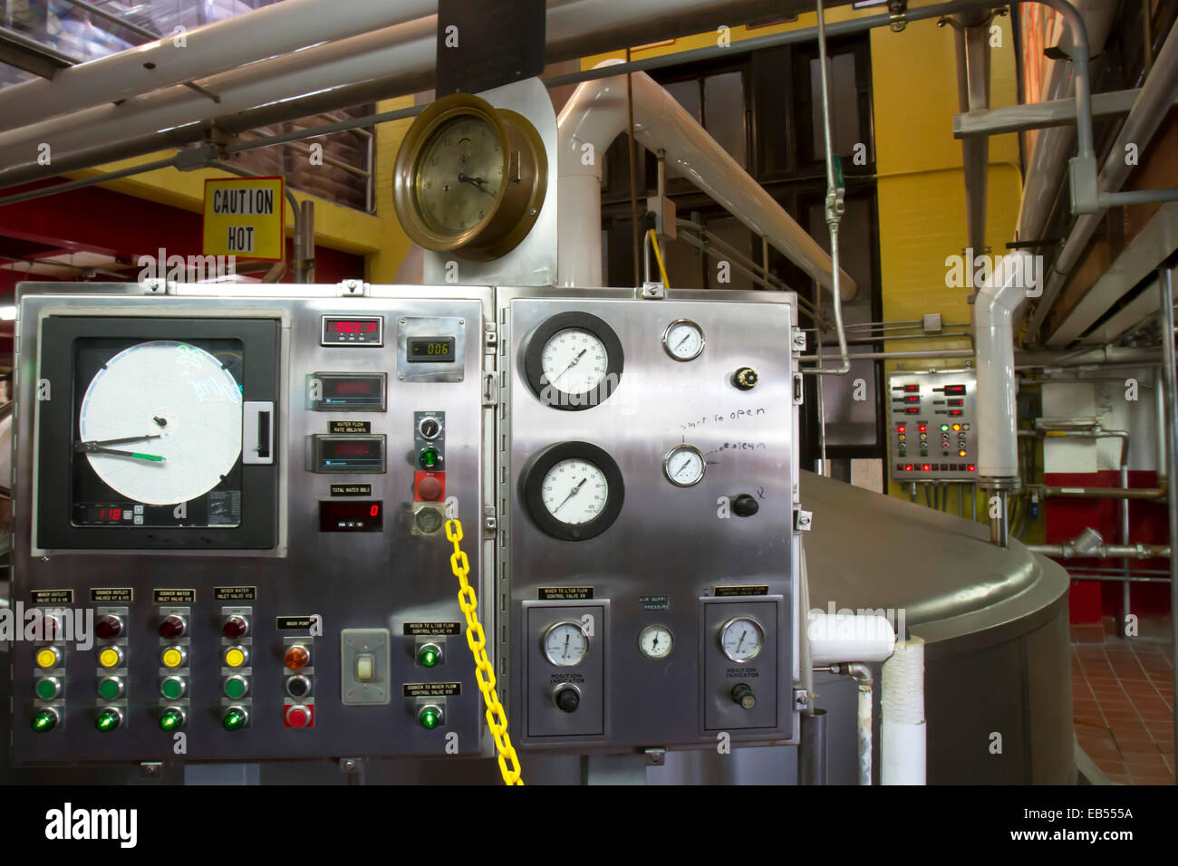 Gli apparecchi di comando per la fabbrica di birra sul pavimento di fabbrica Foto Stock