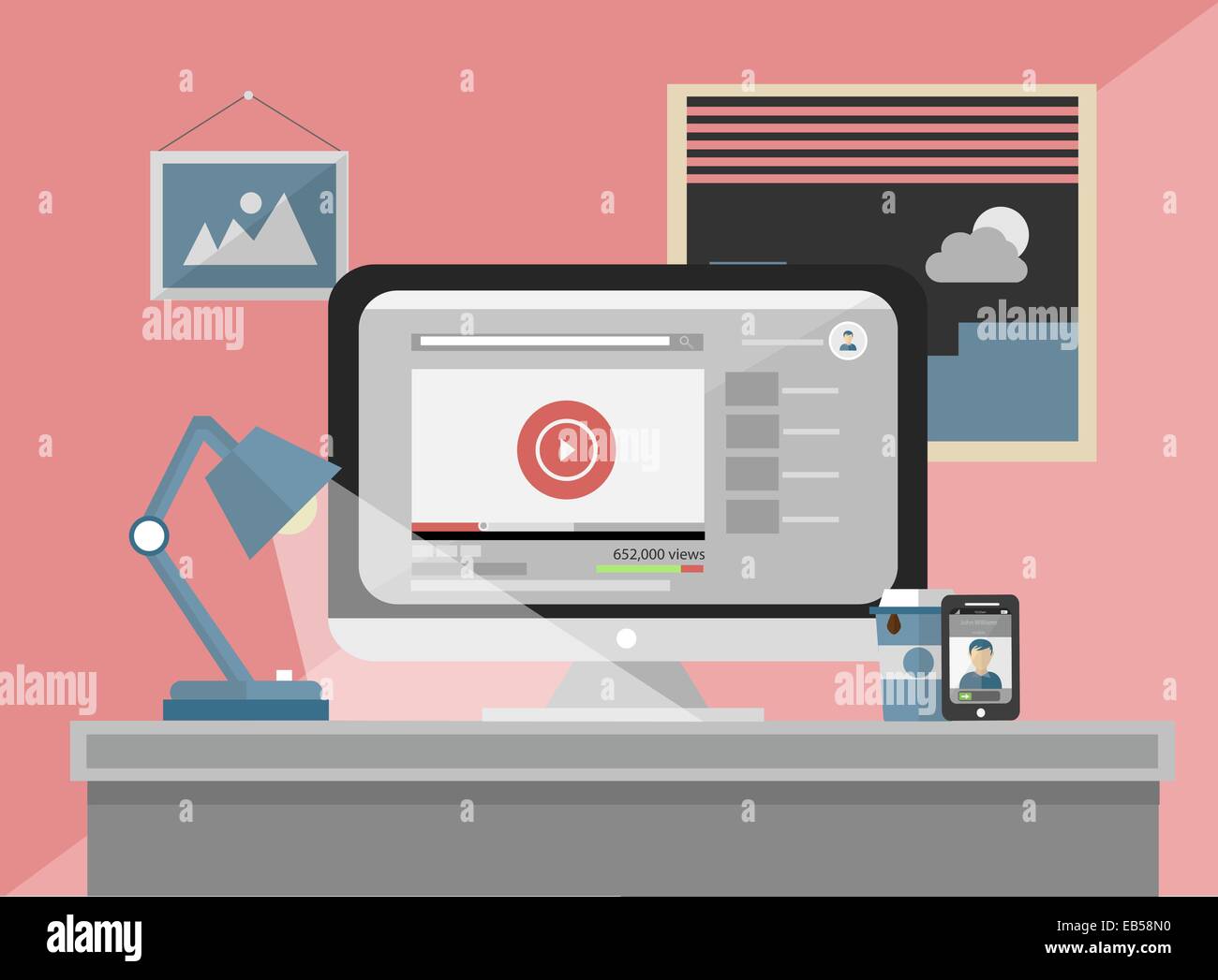 Desk sul computer che mostra il lettore musicale Illustrazione Vettoriale