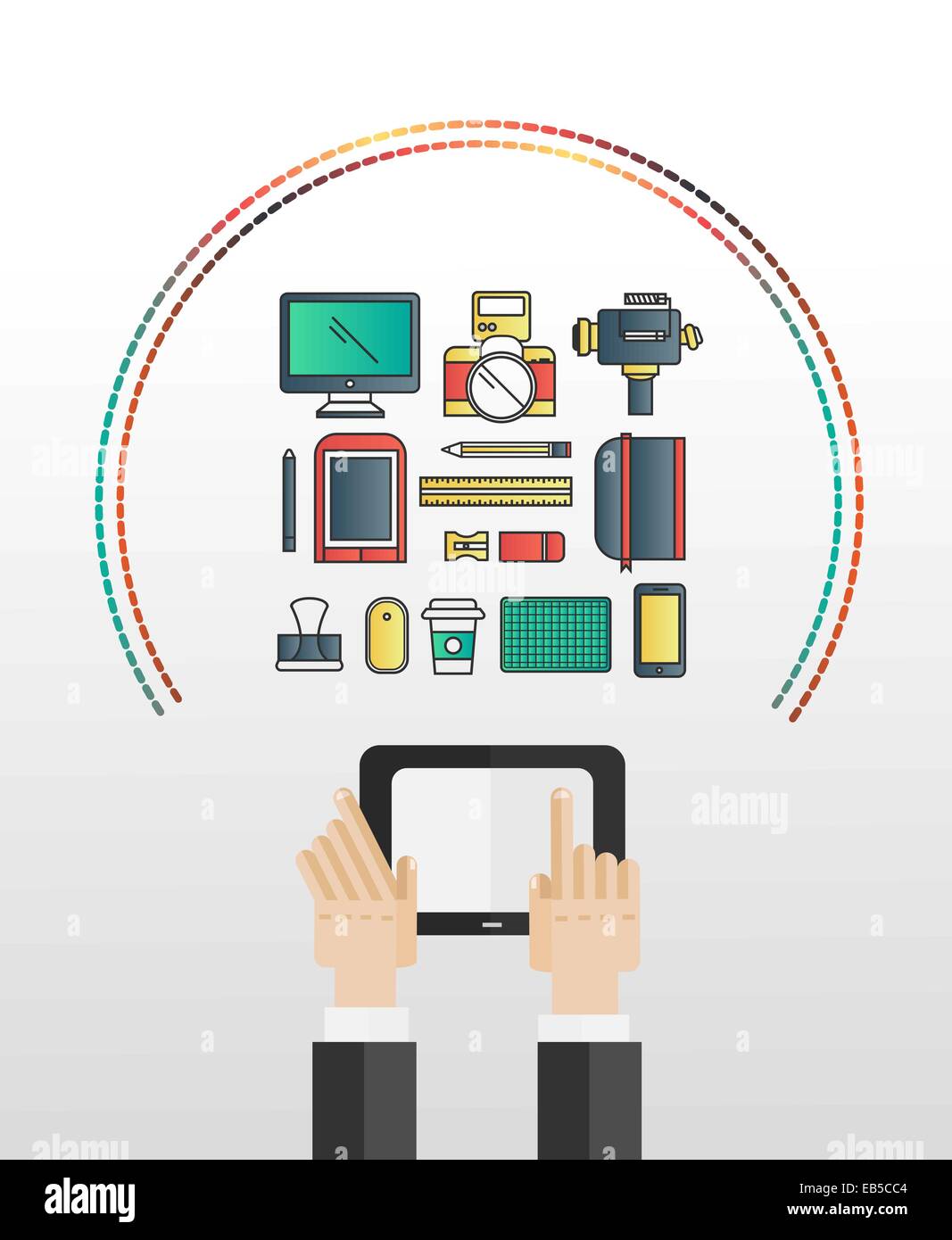 Mani con tablet pc con icone multimediali Illustrazione Vettoriale