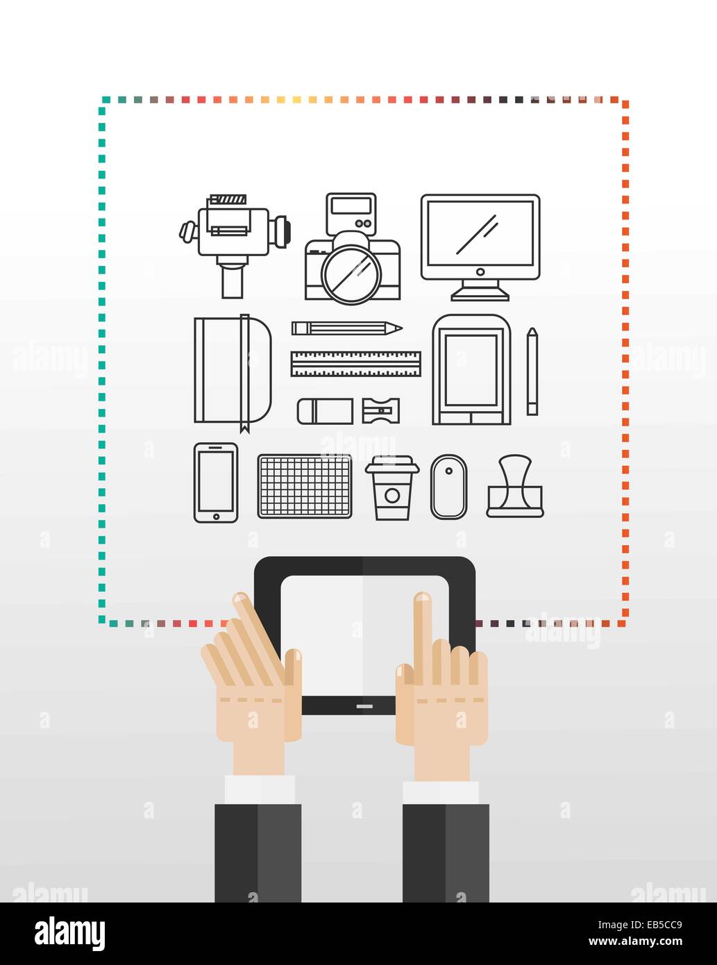 Mani con tablet pc con icone multimediali Illustrazione Vettoriale