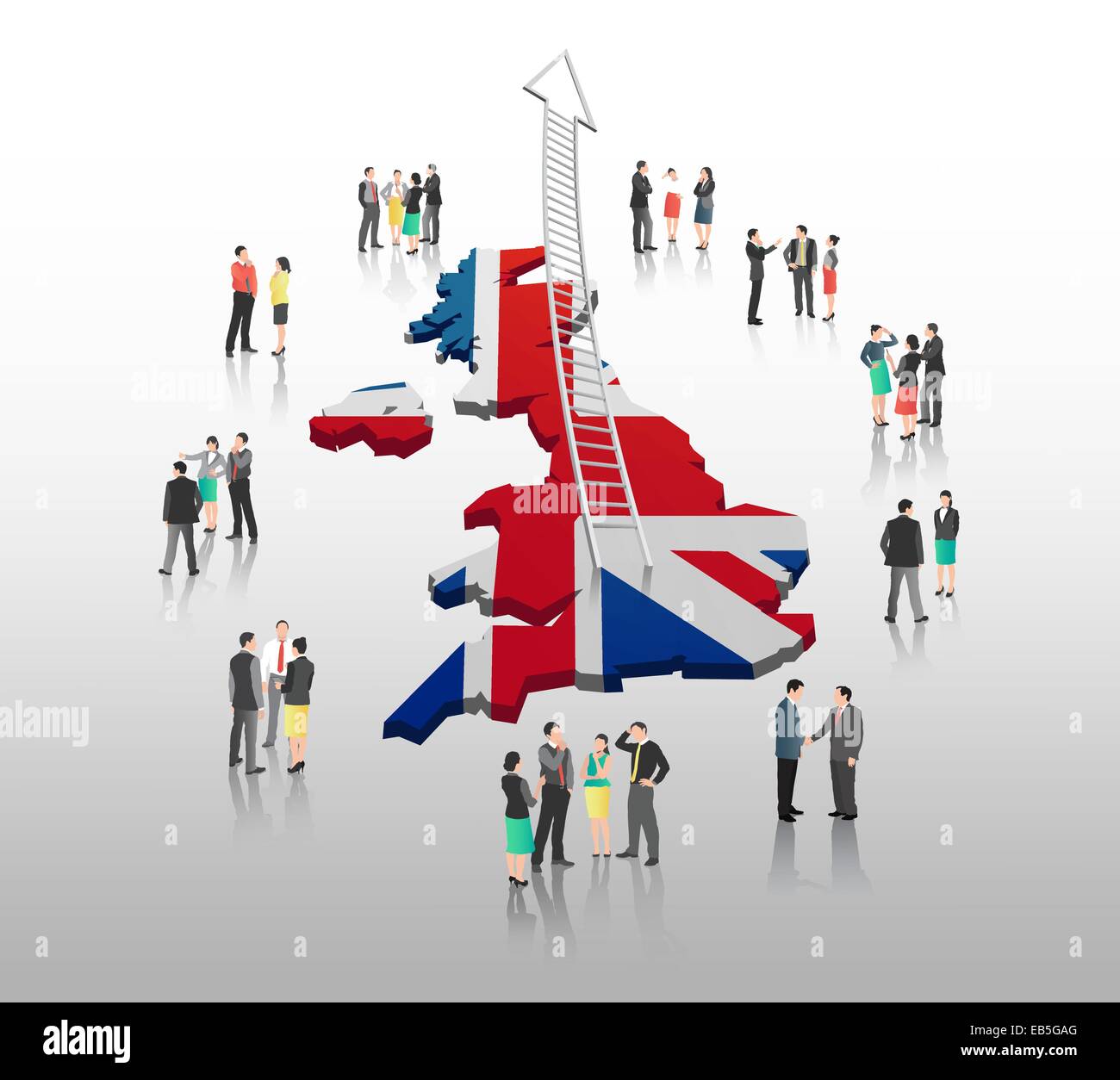 La gente di affari in piedi con la freccia della scaletta e la bandiera britannica Illustrazione Vettoriale