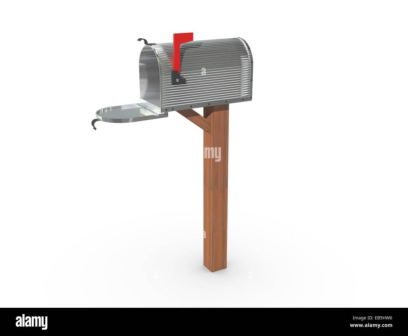 Un cromo e vuoto US Mailbox, aprire con involucro di cartone ondulato e bandiera rossa. Foto Stock