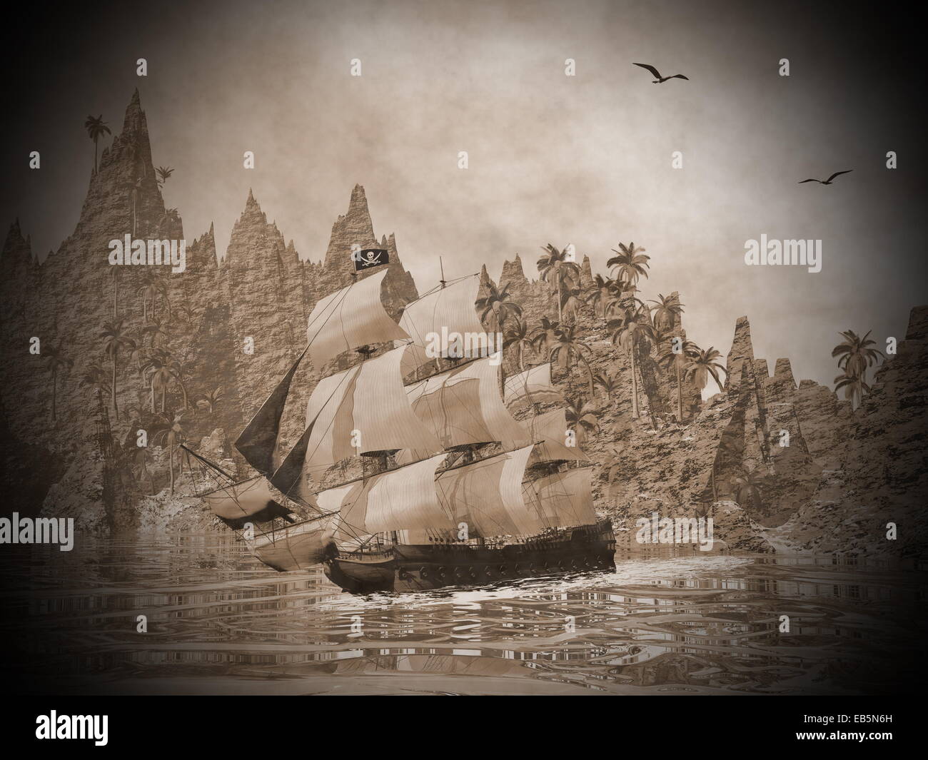 La nave dei pirati accanto alla mano a una splendida giornata con i gabbiani, seppia vecchio stile di colore Foto Stock