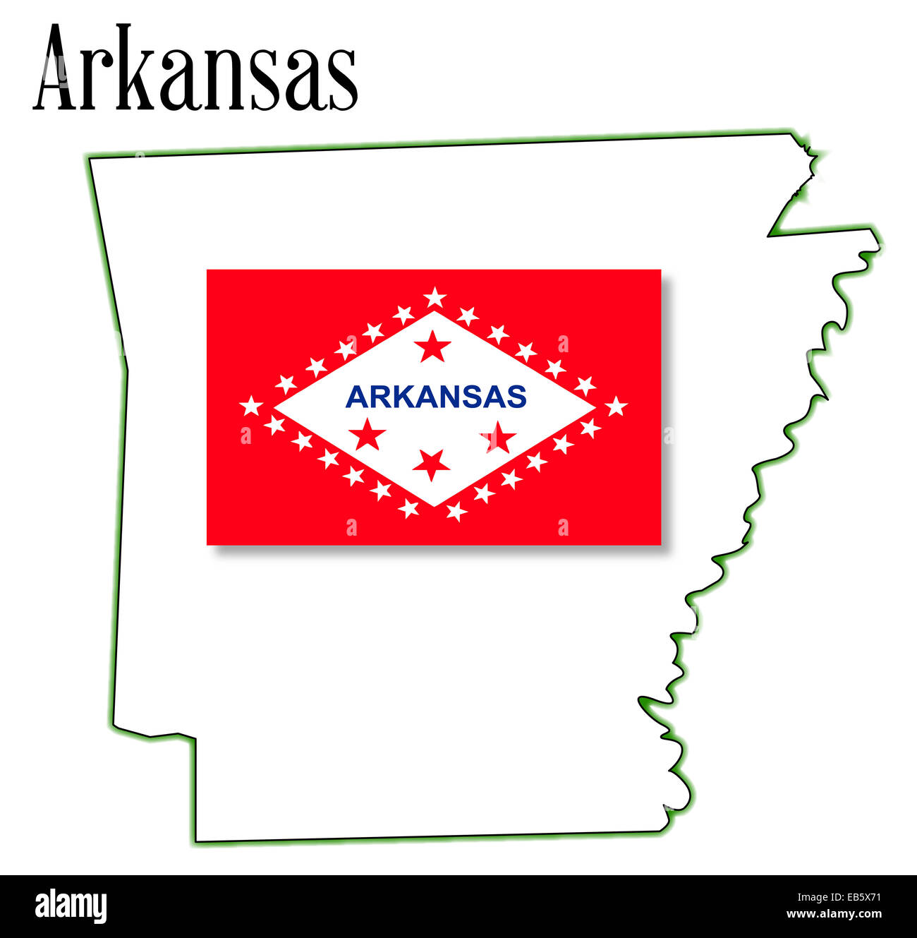 Mappa di stato profilo di Arkansas su uno sfondo bianco con bandiera inset Foto Stock