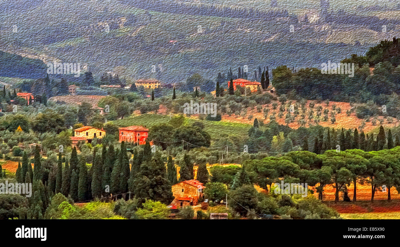 Pittura di olio filtrato immagine del paesaggio toscano, Italia. Foto Stock