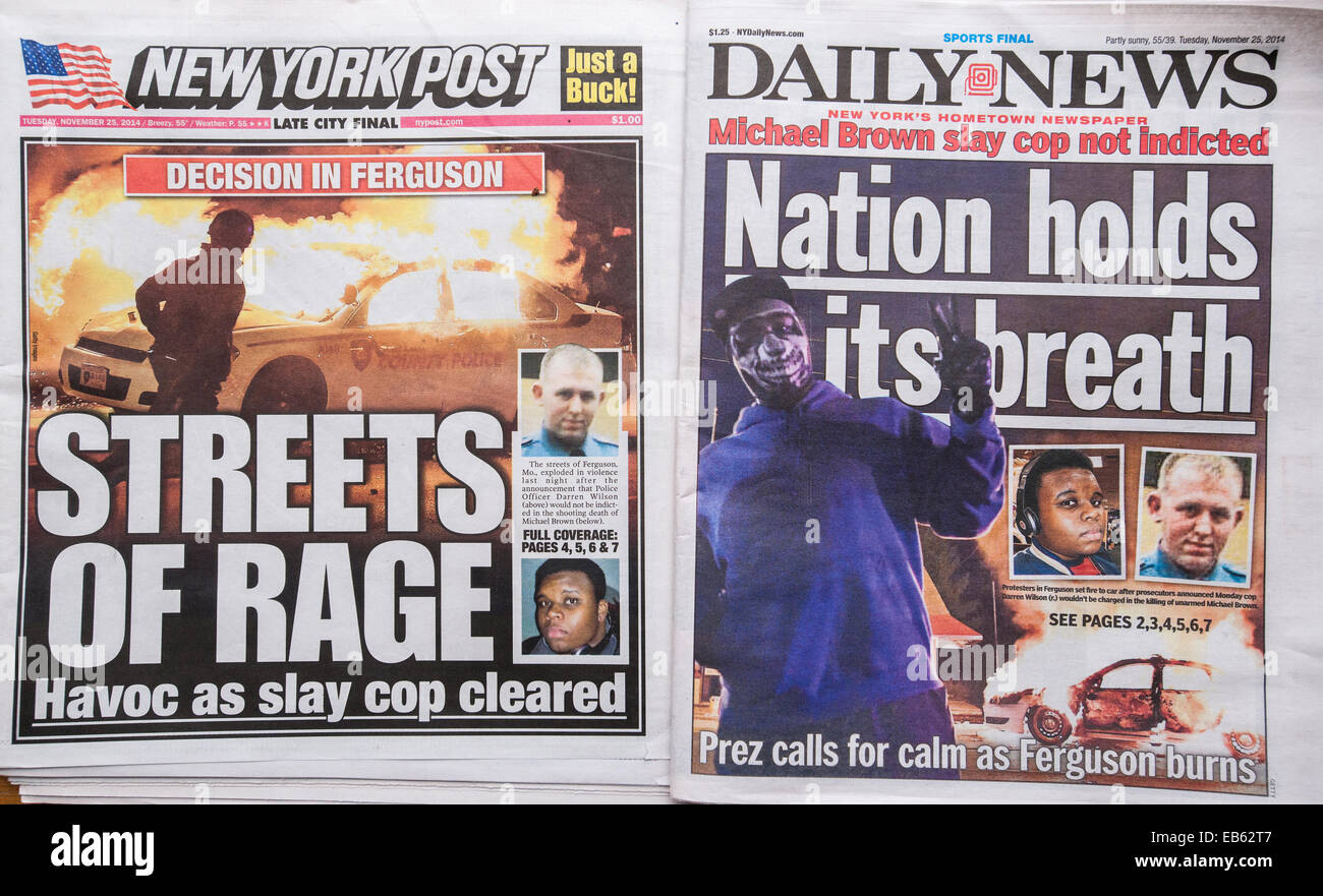 Il New York Daily News e il New York Post relazione su Martedì, Novembre 25, 2014 circa i tumulti verificatisi in Ferguson, MO Foto Stock