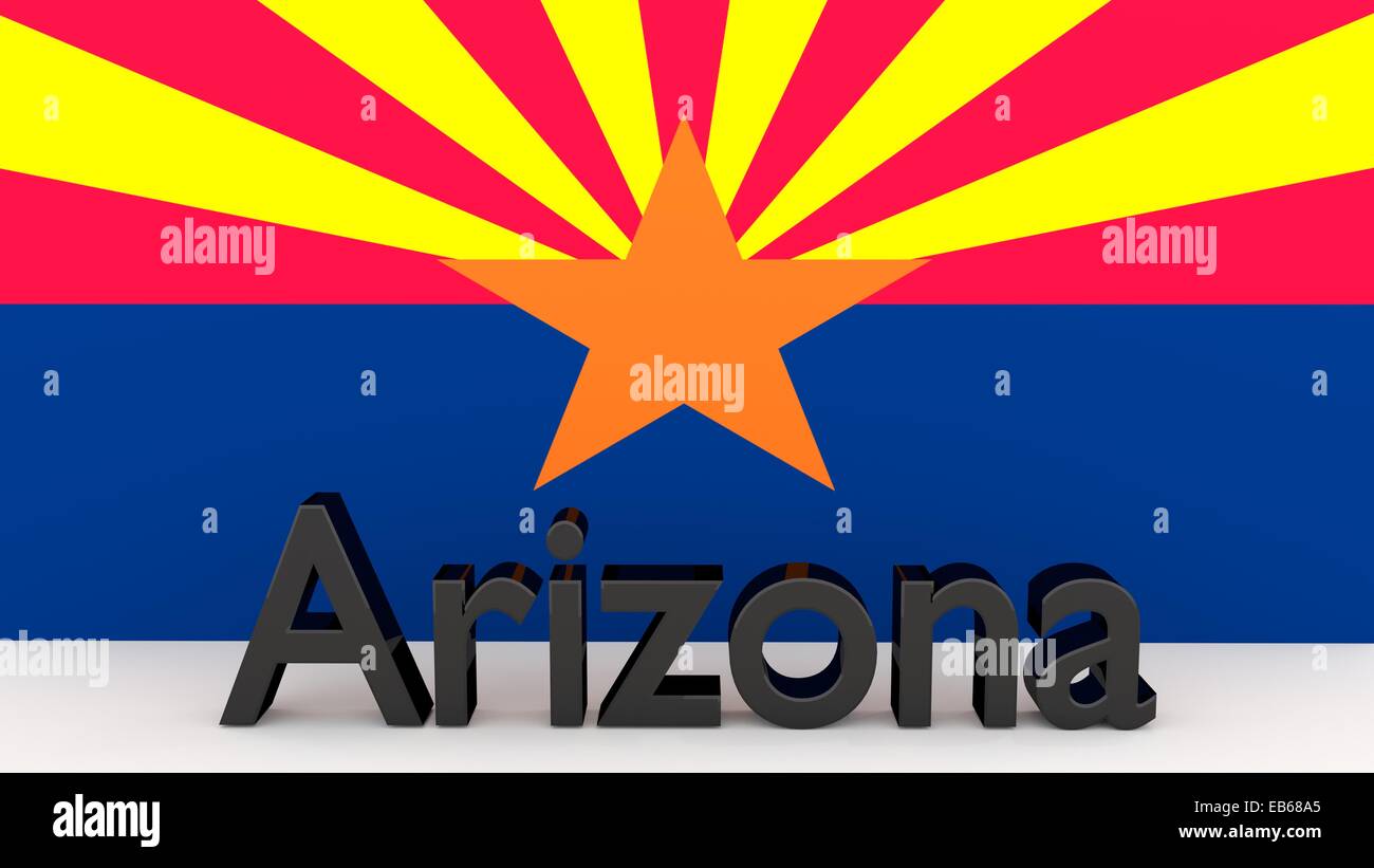 La scrittura con il nome dello stato americano Arizona fatte di metallo scuro nella parte anteriore del flag di stato Foto Stock