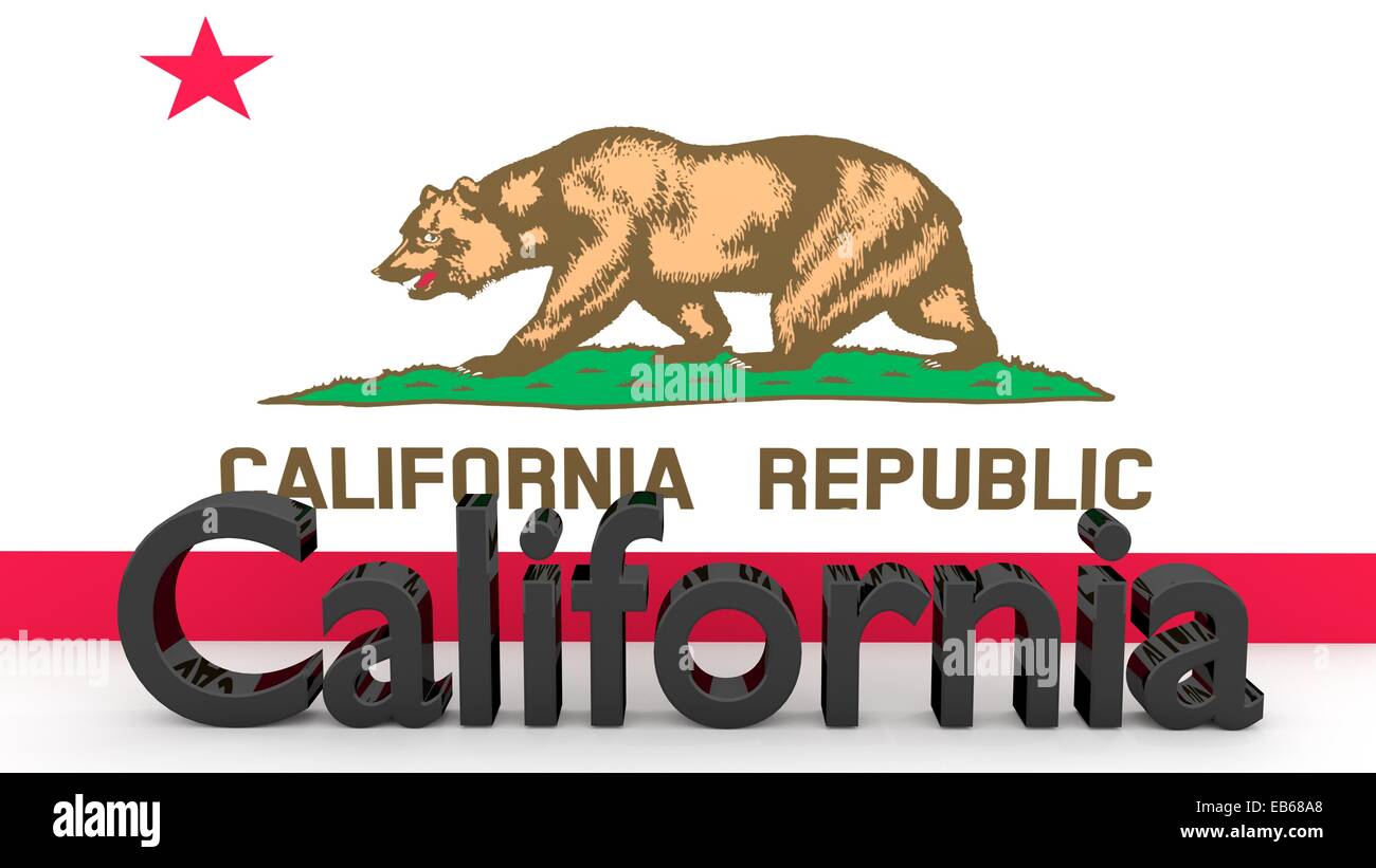 La scrittura con il nome dello stato americano California fatte di metallo scuro nella parte anteriore del flag di stato Foto Stock