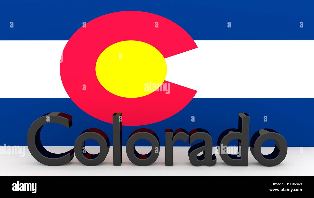 La scrittura con il nome dello stato americano Colorado fatte di metallo scuro nella parte anteriore del flag di stato Foto Stock