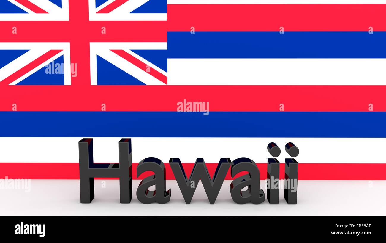 La scrittura con il nome dello stato americano Hawaii fatta di metallo scuro nella parte anteriore del flag di stato Foto Stock