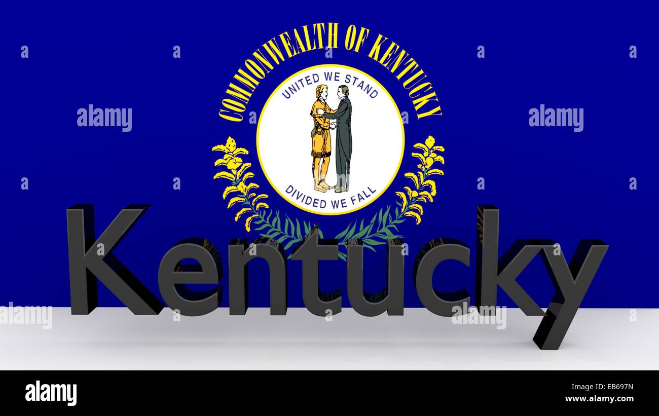 La scrittura con il nome dello stato americano Kentucky fatte di metallo scuro nella parte anteriore del flag di stato Foto Stock