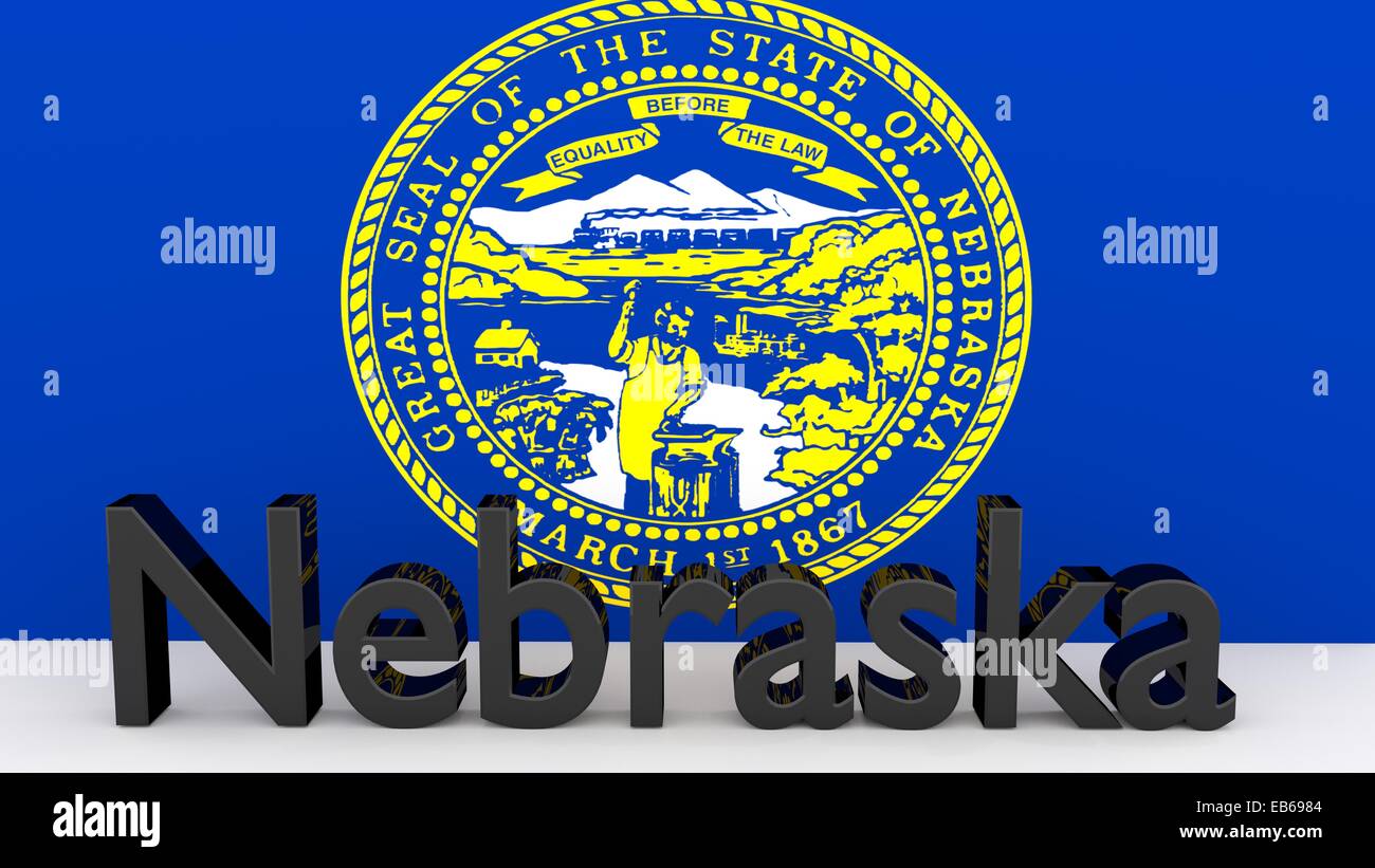 La scrittura con il nome dello stato americano del Nebraska fatte di metallo scuro nella parte anteriore del flag di stato Foto Stock