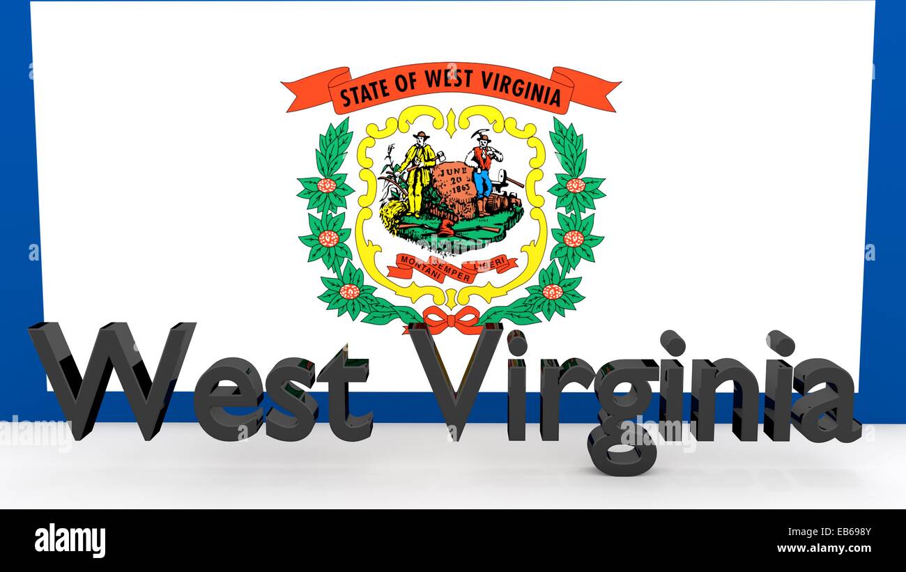 La scrittura con il nome dello stato americano West Virginia fece di metallo scuro nella parte anteriore del flag di stato Foto Stock