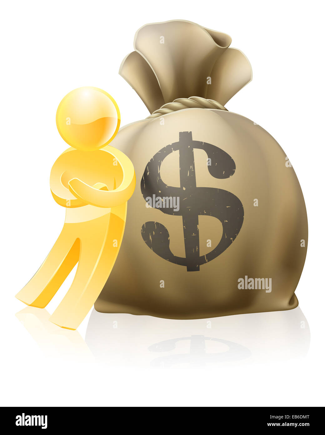 Illustrazione di una mascotte oro uomo appoggiato sul sacco di denaro Foto Stock