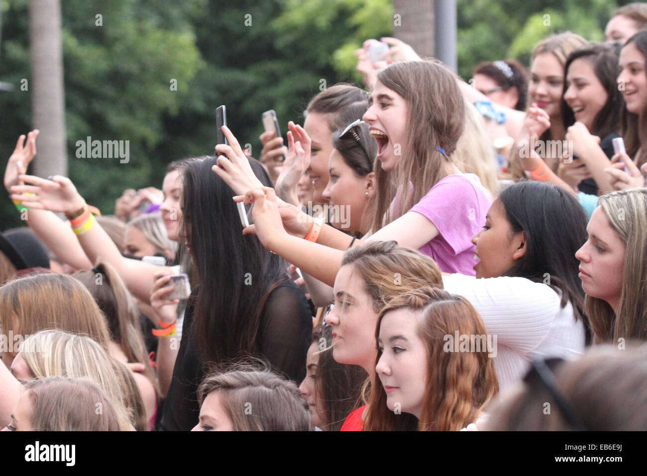 Sydney, Australia. Il 26 novembre 2014. Urlare come boy band 5 secondi di estate (Luca Hemmings, Calum cofano, Ashton Irwin e Michael Clifford) arrivano sul tappeto rosso al ventottesimo Record australiano riconoscimenti di settore (ARIAS) a stella, Pyrmont. Celebrità ha incontrato i fan e che potrebbero avere un 360 gradi foto di loro stessi. Copyright Credit: 2014 Richard Milnes/Alamy Live News. Foto Stock