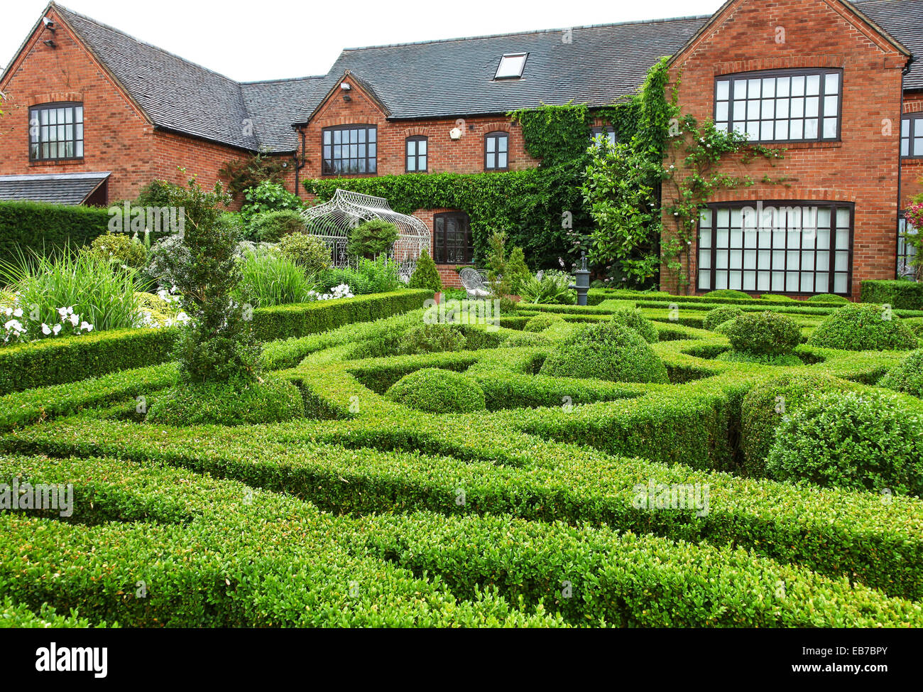 Siepi topiari e tasso a Wilkins Pleck giardino, Whitmore, Newcastle sotto Lyme, Stoke on Trent, Staffordshire, Inghilterra, Regno Unito Foto Stock