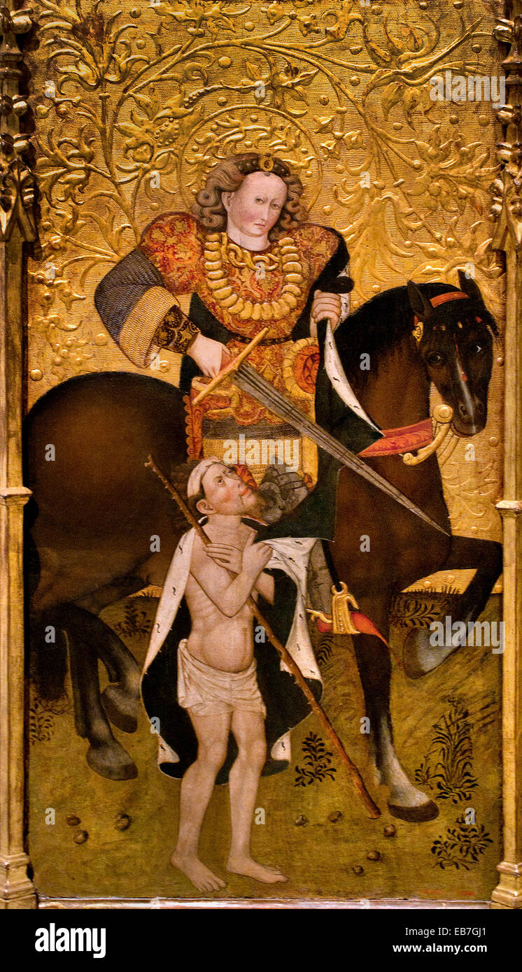 Saint Martin e condividendo il suo mantello 1450 Jaume Ferrer documentati in Lleida, 1430-1461 gotico medievale Arte in Spagna spagnolo (dettaglio) Foto Stock