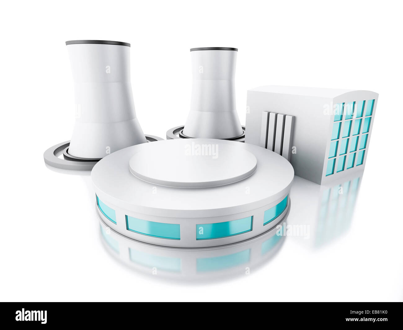 Immagine del 3D renderer illustrazione. Un impianto ad energia nucleare isolati a sfondo bianco Foto Stock