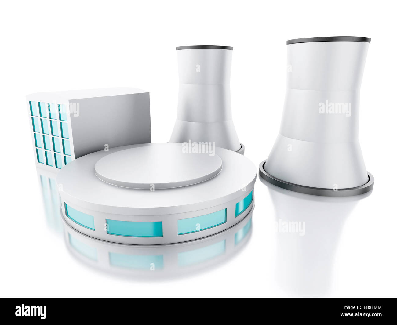 Immagine del 3D renderer illustrazione. Un impianto ad energia nucleare isolati a sfondo bianco Foto Stock