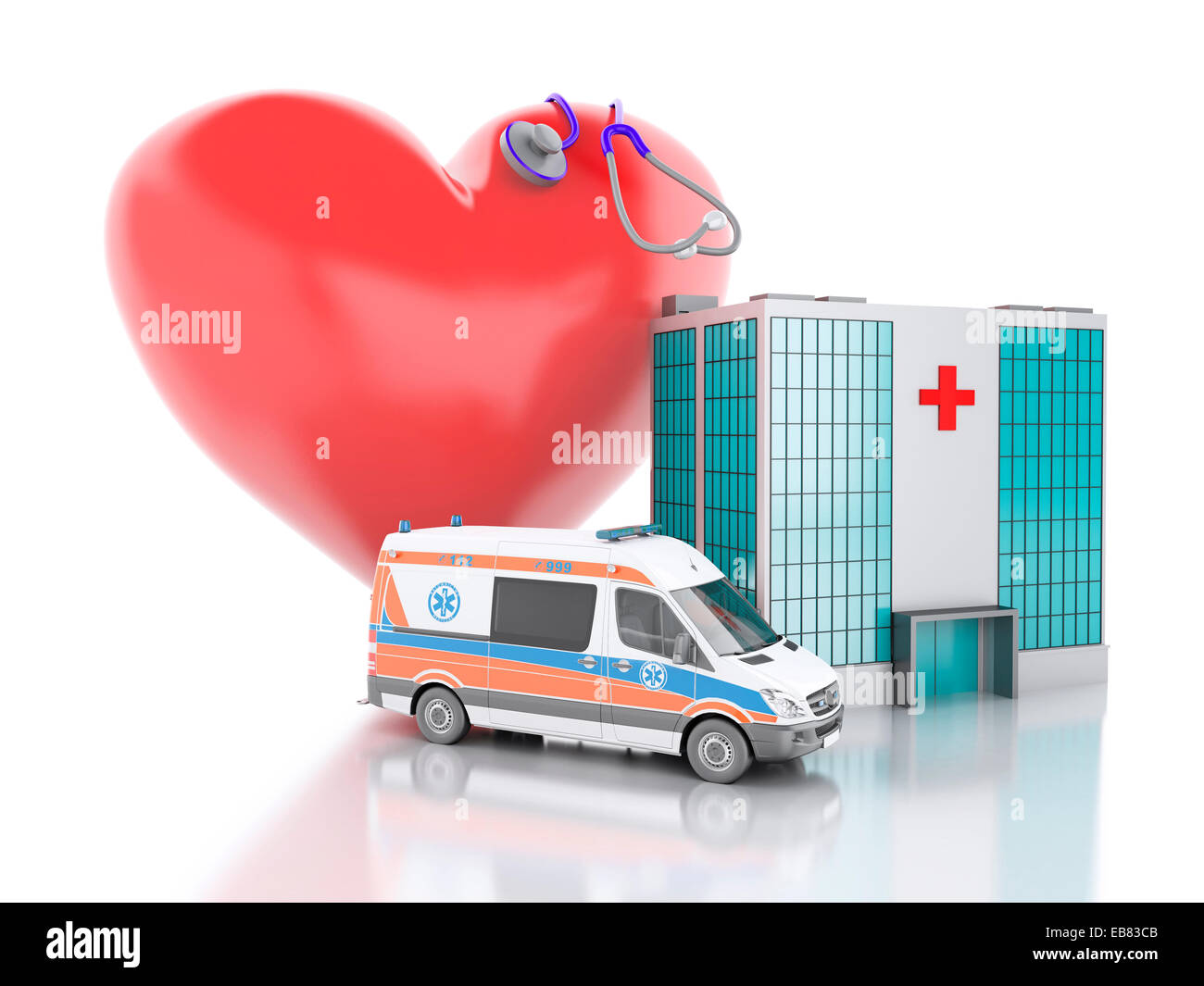 3D renderer illustrazione. Ospedale e cuore rosso isolato su sfondo bianco Foto Stock